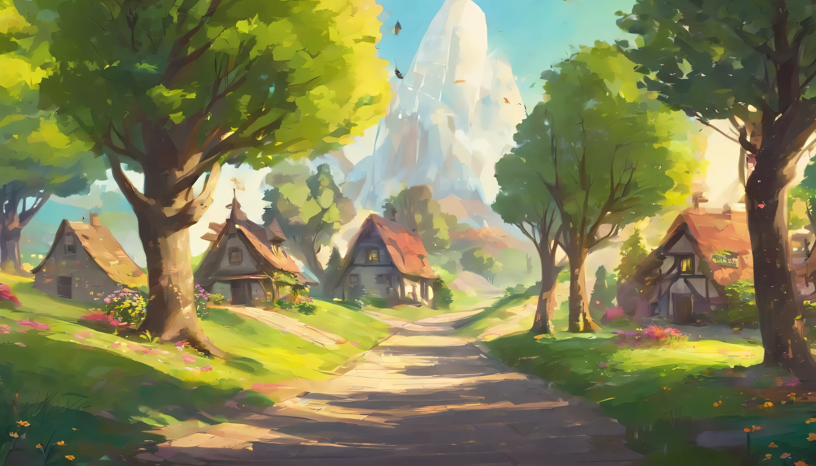 In a small village, Beautiful spring scene, Tree-lined, sunny, Magical Realism, panorama, Wide-Angle
