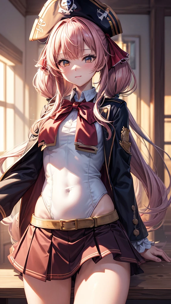 Masterpiece, best quality, (very detailed CG unity 8k wallpaper) (best quality), (best illustration), (best shadows), anime girl, with red twintails, pirate hat, leotard, plaided short skirt, loose jacket over the shoulders, white tight shirt, Houshou Marine From Hololive, vtuber, super detailed --v6