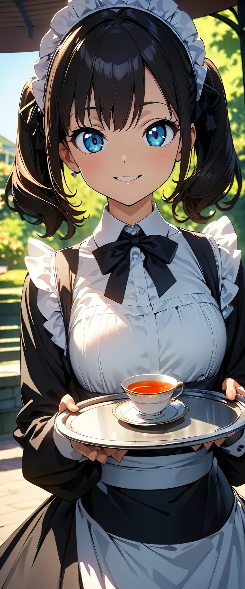 (highest quality:1.2, 4K, 8k, Studio Anime, Very detailed, up to date, Vibrant, High detail, High Contrast, masterpiece:1.2, highest quality, Best aesthetics), (((1 girl))), Tea set on a tray, Maid, Maid服, Black Ribbon, Frills, serve:1.2, smile, Beautiful eyes, Hold the tray, Get closer, Gazebo, Fresh green background, Friendly atmosphere, Fun and young々Shii々Cool vibe, Precision and focus, Striking contrast,