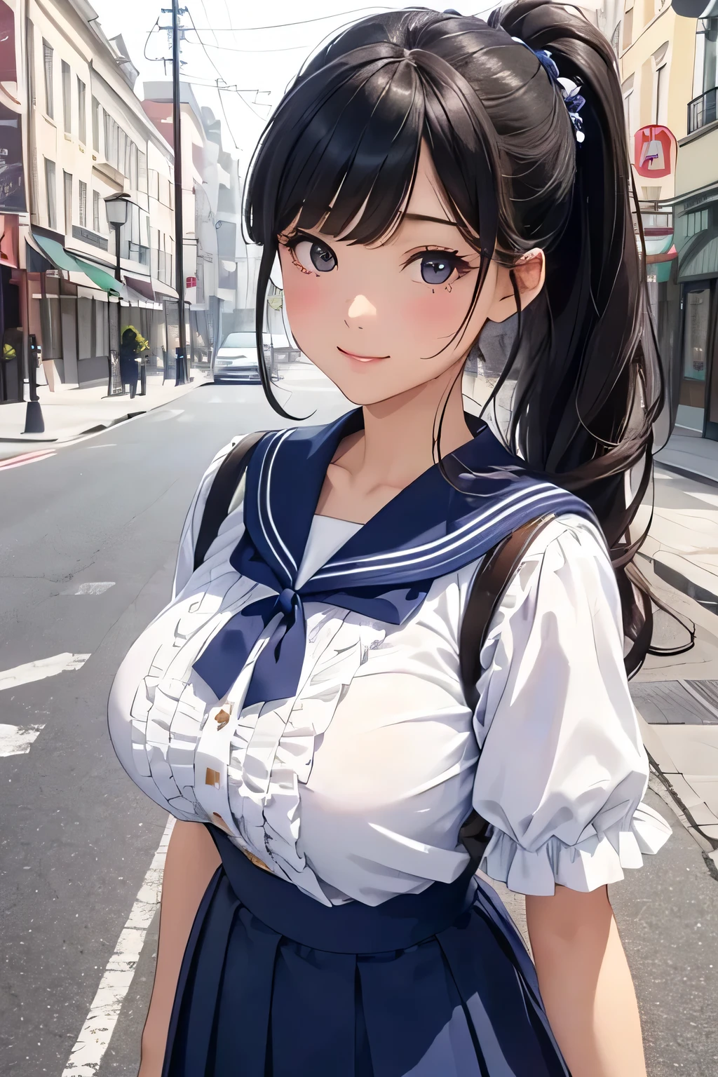 highest quality、High resolution、Detailed Background、(Beautiful face in every detail:1.4)、Anatomically correct、(Detailed facial expressions)、(Detailed eyes:1.2)、Teenage beauty、(Highly detailed face:1.4)、(Huge breasts:1.2)、Light color hair、Bobcut、ponytail、Braided long hair、well-groomed eyebrows、Perfect body line、A big smile、(Retro style street and girl:1.5)、Clean atmosphere、A picturesque scene、
The sailor suit design is based on the classic navy blue base with white coloring.、Use a blouse with a sailor collar and frills、Pleated or flared skirts are recommended.、Matching accessories with frills will create a unified look.、Sailor blouses and skirts in pastel colors、Pink or Blue、The gentle colors such as lavender are cute.、
Pair with white items for a clean look、cute