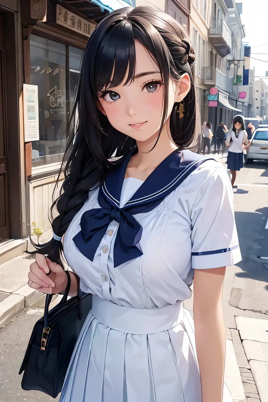 highest quality、High resolution、Detailed Background、(Beautiful face in every detail:1.4)、Anatomically correct、(Detailed facial expressions)、(Detailed eyes:1.2)、 beauty、(Highly detailed face:1.4)、(Huge breasts:1.2)、Light color hair、Bobcut、ponytail、Braided long hair、well-groomed eyebrows、Perfect body line、A big smile、(Retro style street and girl:1.5)、Clean atmosphere、A picturesque scene、
The sailor suit design is based on the classic navy blue base with white coloring.、Use a blouse with a sailor collar and frills、Pleated or flared skirts are recommended.、Matching accessories with frills will create a unified look.、Sailor blouses and skirts in pastel colors、Pink or Blue、The gentle colors such as lavender are cute.、
Pair with white items for a clean look、cute