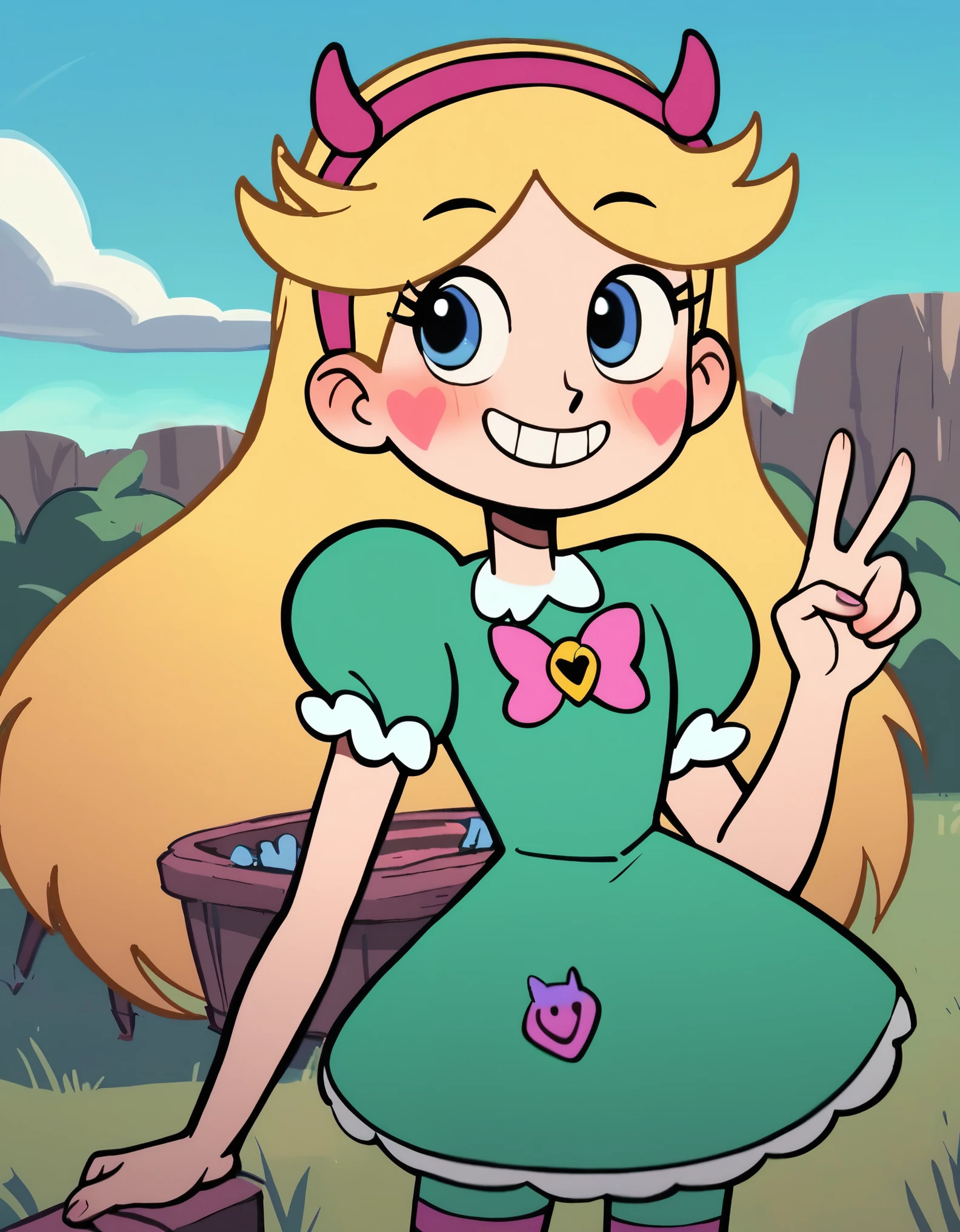 score_9, score_8_up, score_7_up, score_6_up, mngmst_style, star butterfly, 1girl, solo, long hair, blush, green dress, striped thighhighs, outdoors, sky, smile, v, grin 