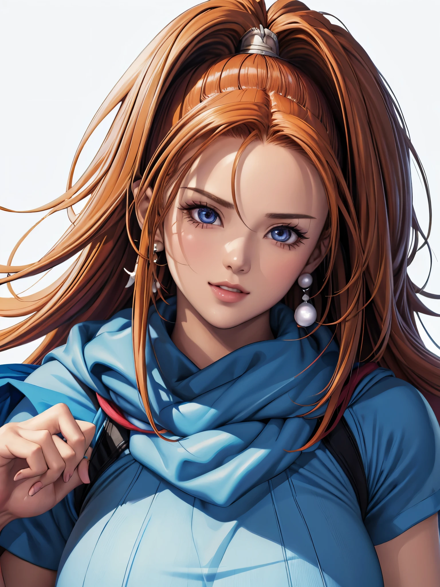 (highest quality, masterpiece painting:1.3), Immature woman, 16 years old, (Half Body Shot), masterpiece, Ultra-high resolution, (Photorealistic:1.0),Straight hair, Beautiful and shiny hair, White and glowing skin, ((Ultra-Realistic Details)), Octane Rendering, Highly detailed face, Perfect body, Soft Skin, , Pearl Earrings, (Pure white background:1.4), Sharp focus, Intricate details, Professional artwork, (Bright colors:1.1), Bright colors, diffused Lighting, Digital Blending, Ultra high definition body, Ultra detailed hair, Highly detailed face, Cute gaze, Compensate, Perfect Lips, perfect Compensate, Ultra-precision coating, (Light_smile:0.8),very cute,Blue cape outfit,Semi-long pineapple hair,Wide eyes,Lip gloss,Energetic,Active,happy,