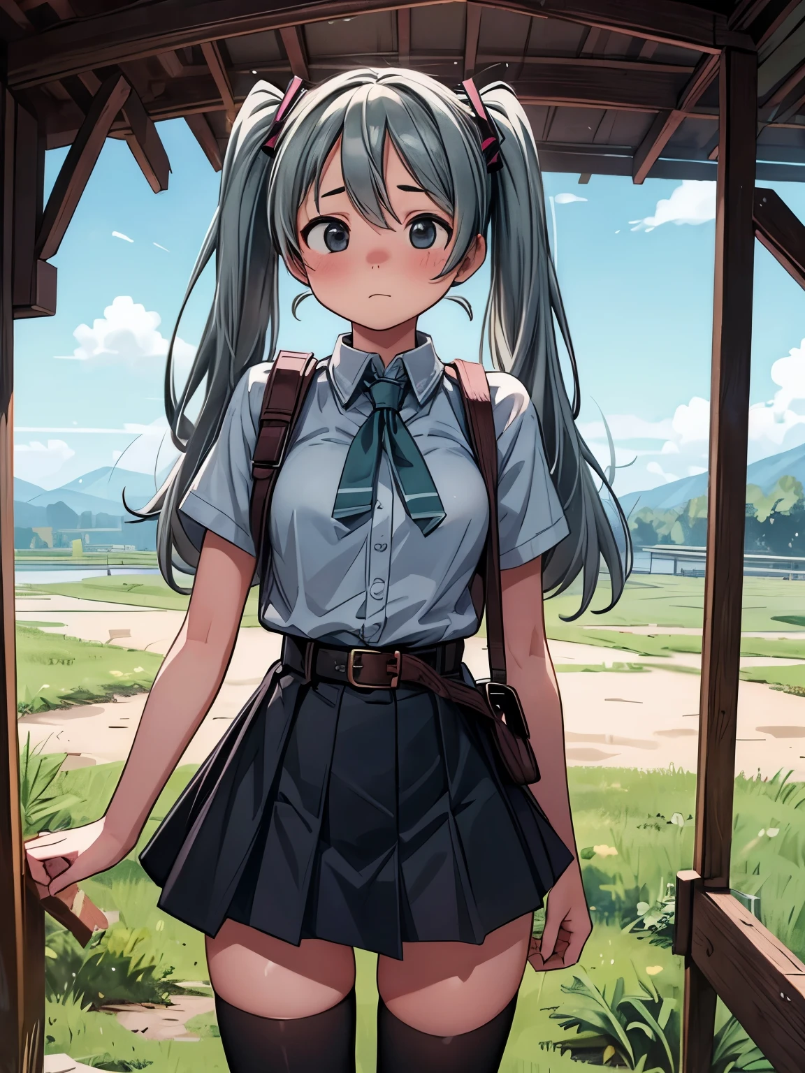 (masterpiece、highest quality、highest quality、Official Art、Beautiful and beautiful:1.2)、(One girl:1.3)Hatsune Miku、Twin tails,Big Breasts,masterpiece, highest quality, Centered, Cowboy Shot, High resolution, Elizabeth, One girl, jewelry, Single knee socks, (Long silver hair, Hair on one eye), abdomen, Black Skirt, Asymmetrical legwear, Pink Shirt, Black knee socks, belt, mini skirt, landscape, Are standing, Are standing, Portraiture, Upper Body