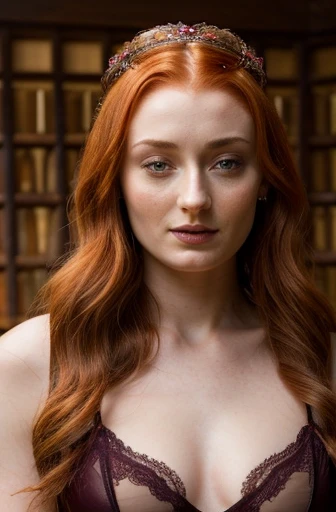 Face of Sophie Turner, Sansa Stark played by Sophie Turner, the de facto Lady of the Eyrie, is a 40-year-old mature queen with a stunning, alluring appearance. Full Face, reddish lips, full body shot, erotic Mediaeval lingerie, game of thrones lingerie. Sweet expression, spreading legs, without panties, full body, big breasts, see-through lingerie
