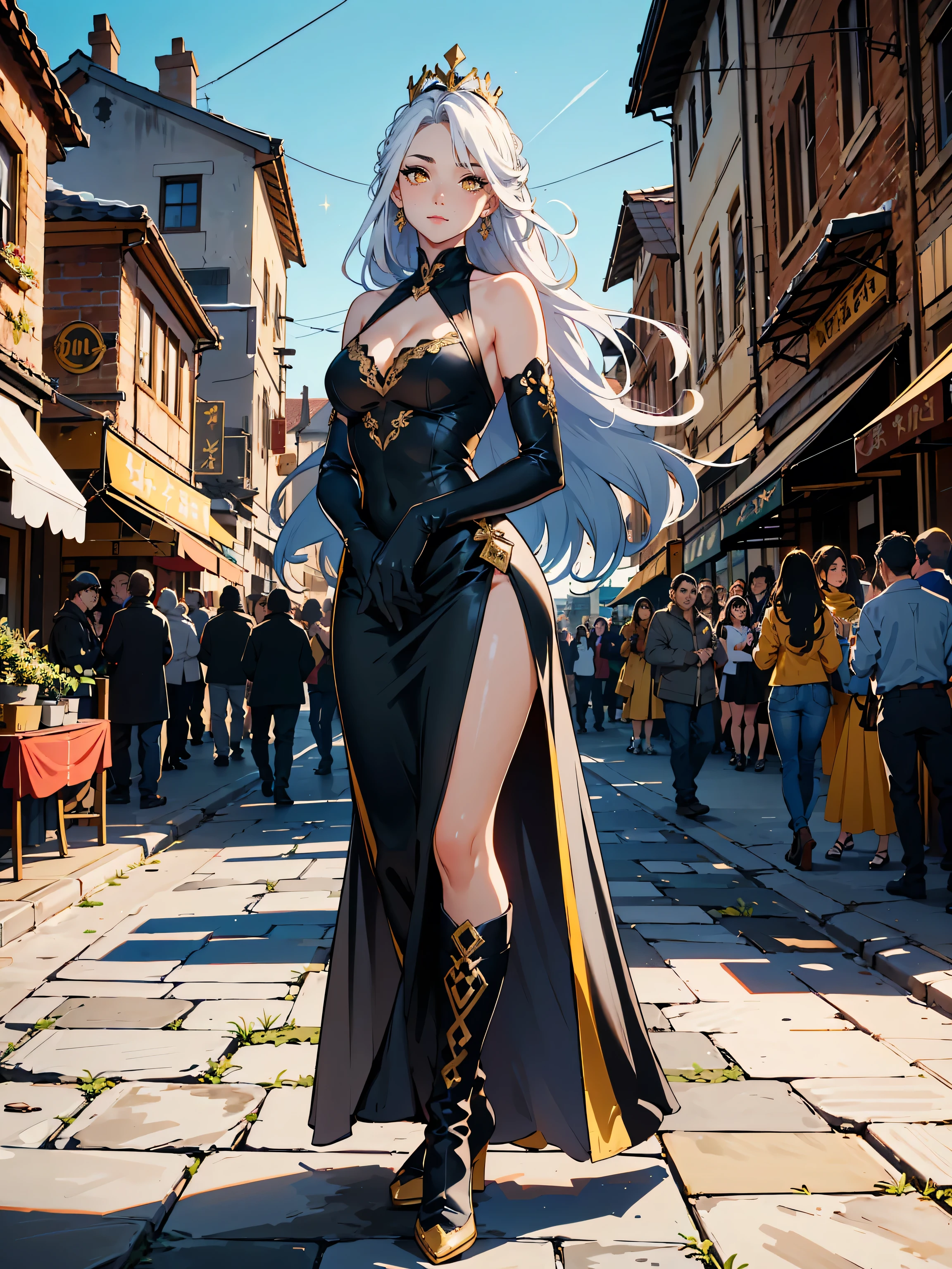 masterpiece, high quality, illustration, extremely detailed, cg unity 8k, 1_women, (full body), (Caucasian skin_complexion:1.4),mature, statuesque, tall, beautiful, exotic, facing_away, ((eyes_looking_away) from viewer), (arms crossed), large breasts, amazed look, pleased expressed, nsfw, chest window, ((cleavage)), and halter dress, black ((diaphanous sparkling dress)) with gold trim, crown, black knee_high boots, ((white embroidery elbow gloves)), long white hair, realistic and detailed face having (yellow eyes), ((dark_eyeliner)), long_eyelashes), medieval townsquare, crowds of people,