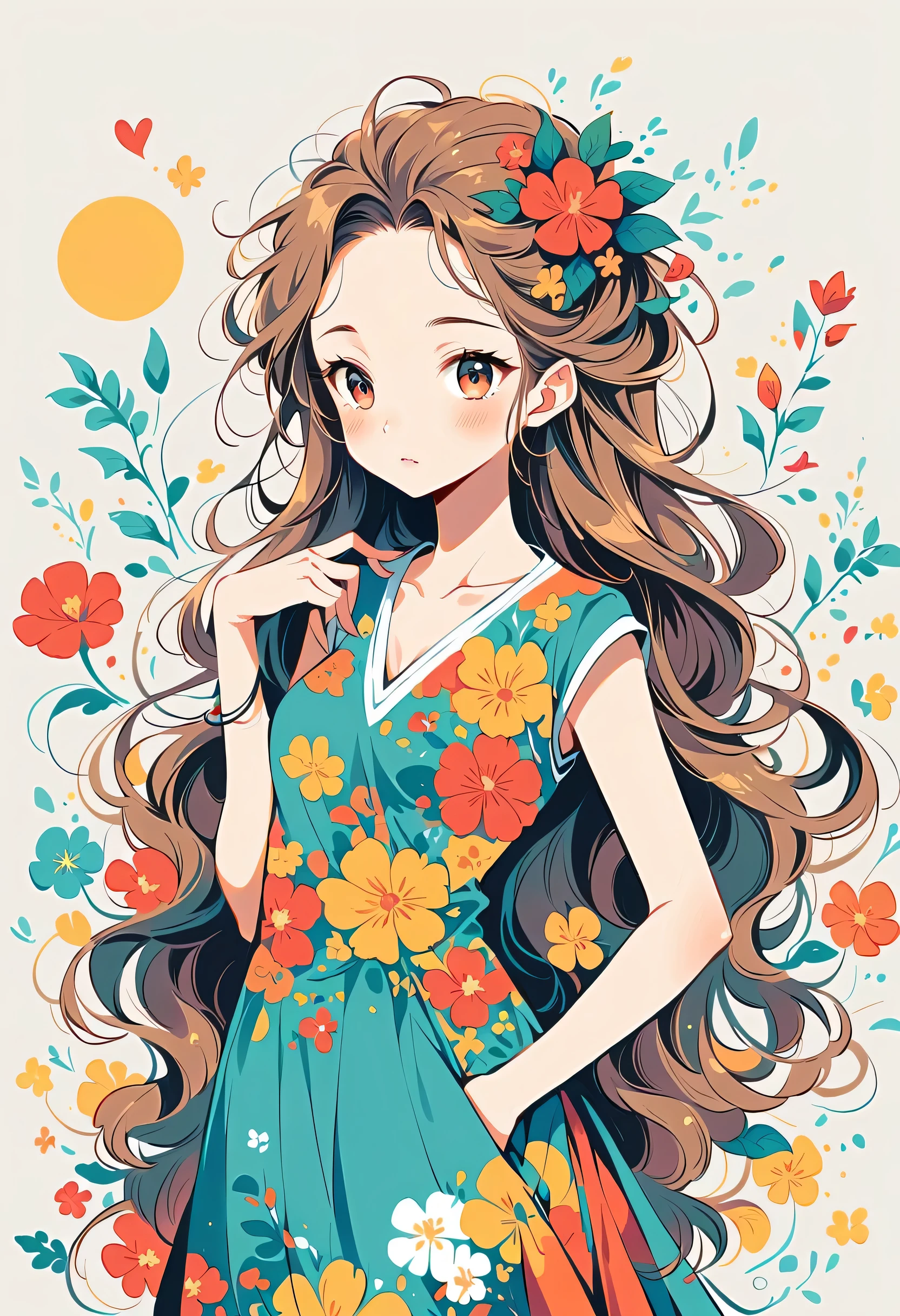 Watase Seizo style, Standing in front of a high wall,Simple Line Initialism,Abstract art,Urban Background, (((The most beautiful girl))), colorful flowers