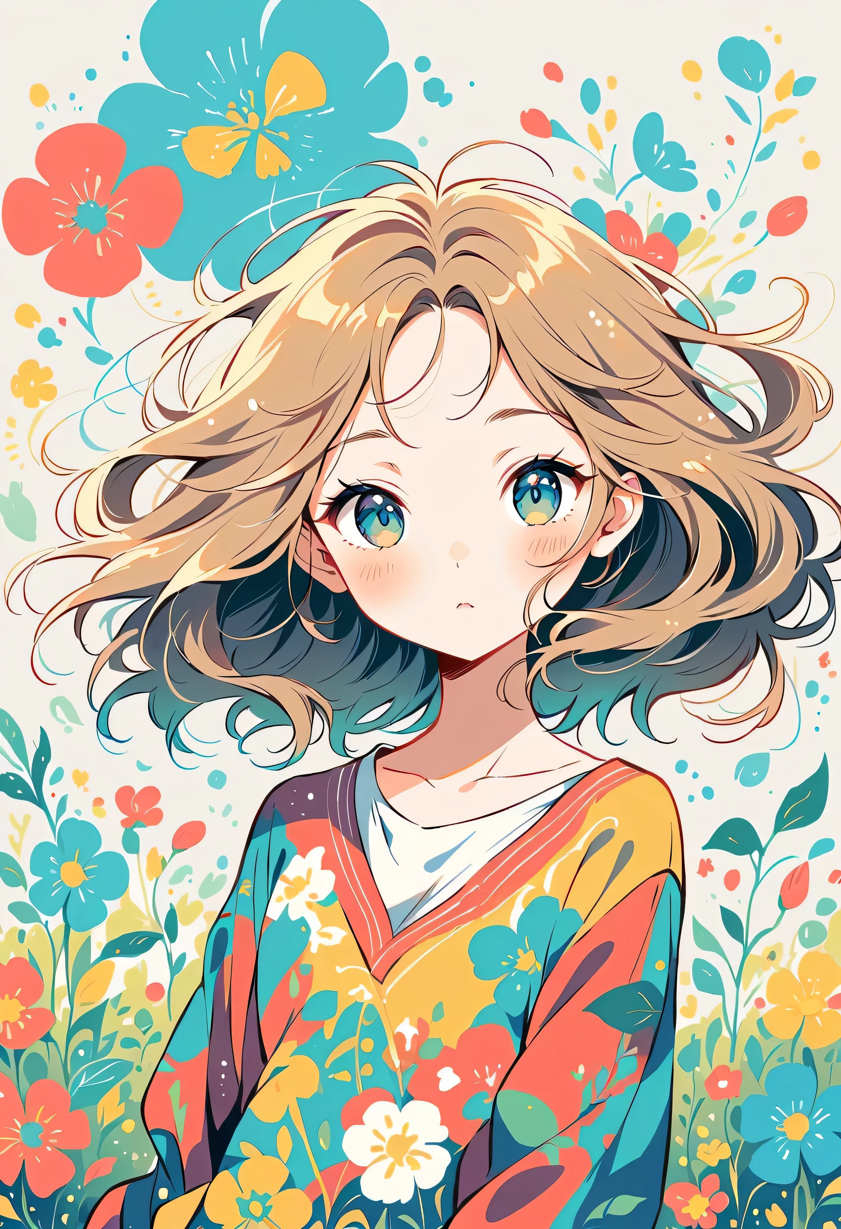 Watase Seizo style, Standing in front of a high wall,Simple Line Initialism,Abstract art,Urban Background, (((The most beautiful girl))), colorful flowers