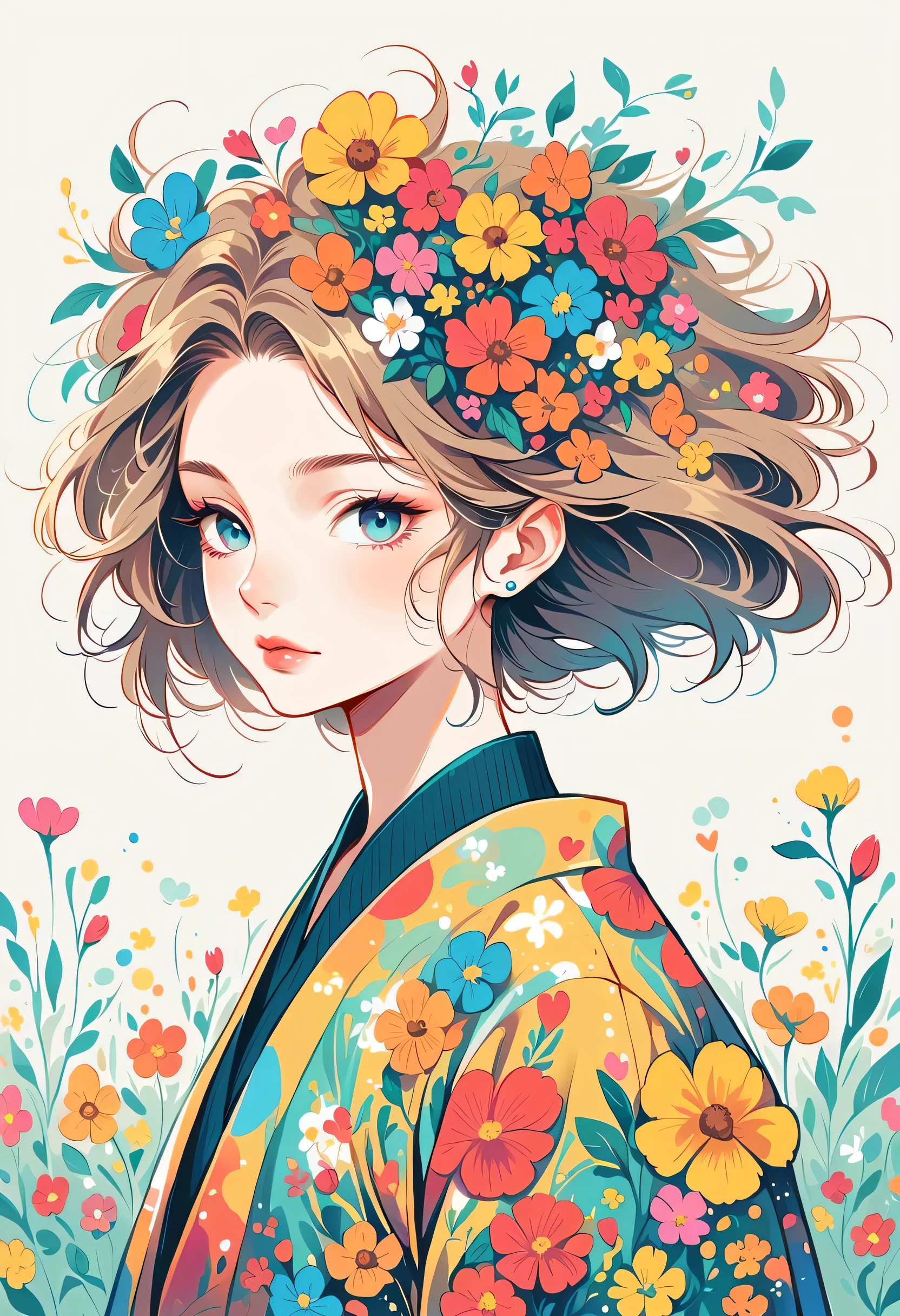 Watase Seizo style, Standing in front of a high wall，Simple Line Initialism，Abstract art，Urban Background, (((The most beautiful girl))), colorful flowers