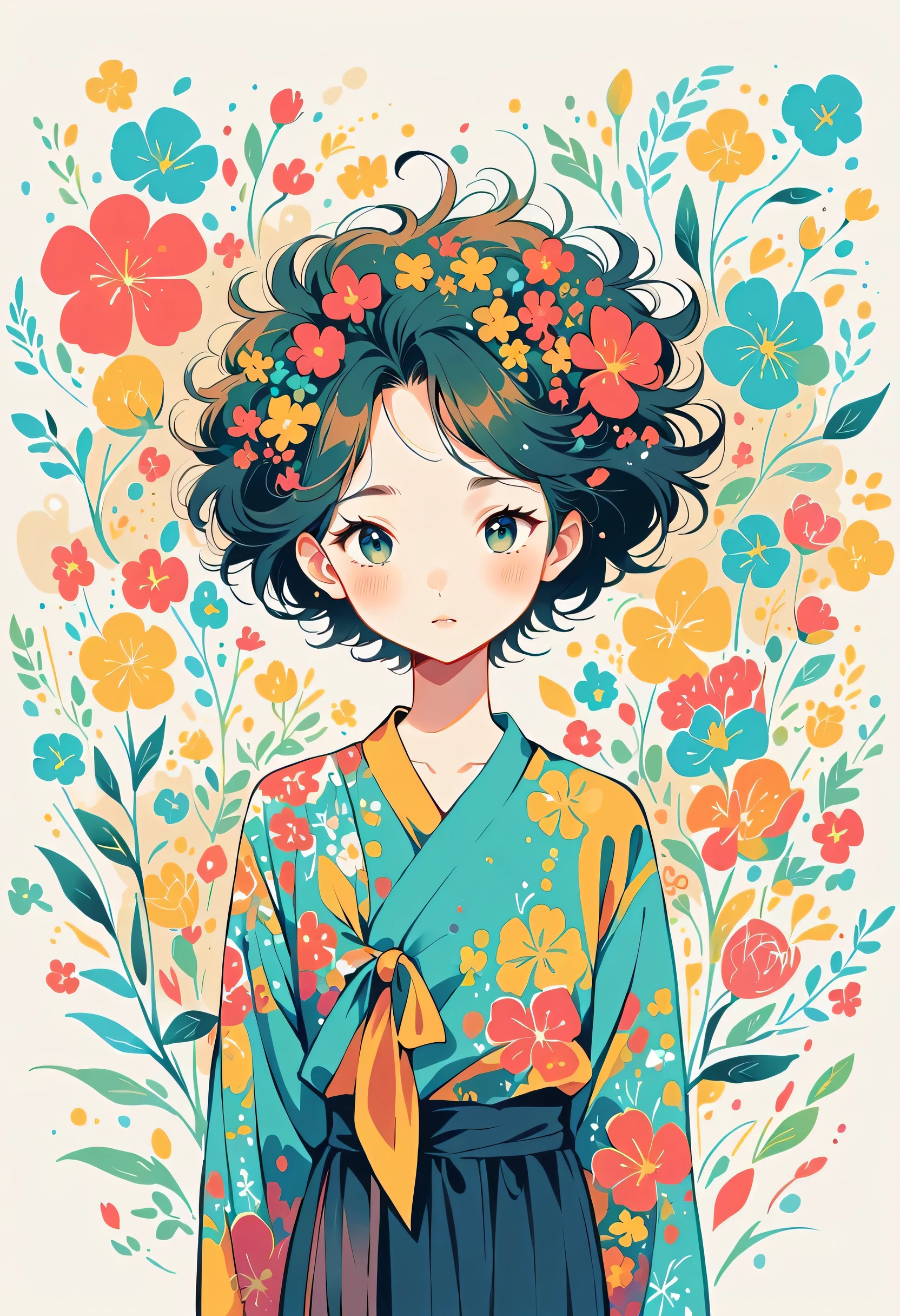 Watase Seizo style, Standing in front of a high wall,Simple Line Initialism,Abstract art,Urban Background, (((The most beautiful girl))), colorful flowers