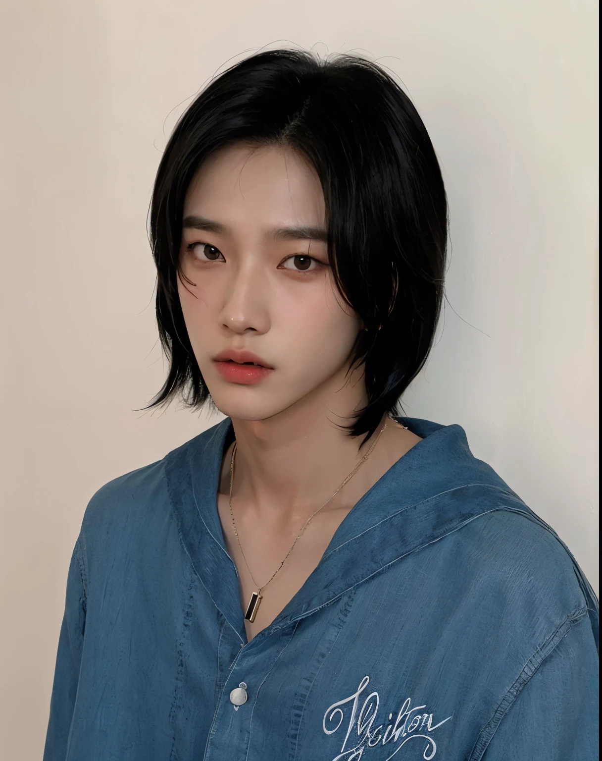 Araped woman wearing blue shirt and necklace., Doyoung Kim, Jinyoung Shin, Kai Xukun, with short hair, Hyuntae, Jaehyun Jeong, smart ulzzang, Korean Guy, 1. boy with thin face, Shin Jeong-ho, with the same hairstyle, Inspired by Lee Jun-seok, taejun kim wonbin rize kpop kpopboy korea face