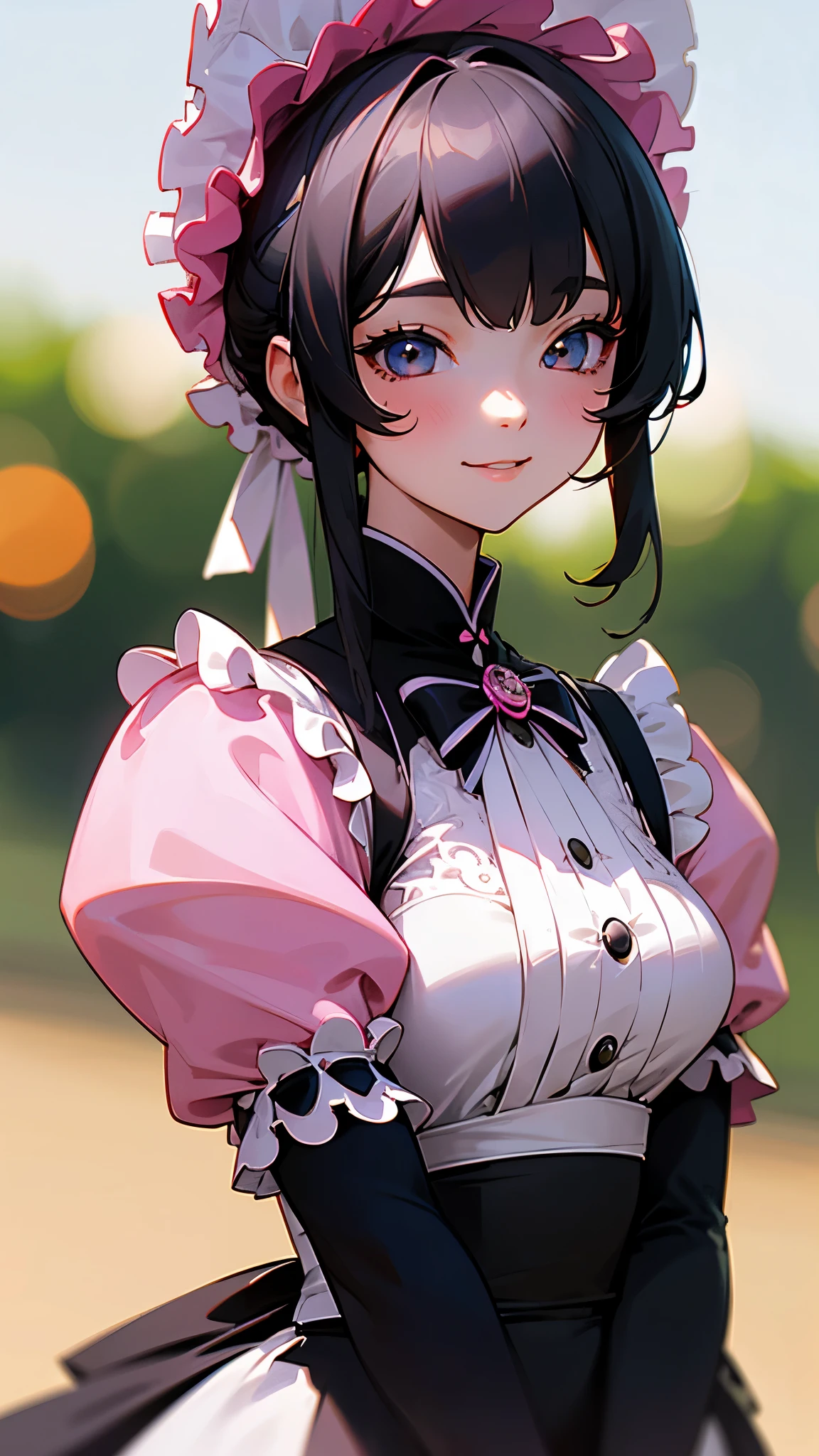 1 Girl、8k、Sharp focus、(Bokeh) (highest quality) (Detailed skin:1.3) (Intricate details) (anime)、Cat Maid、dress、Black White Pink、Black Rococo、elegant and charming cosplay、smile、Upper body close-up