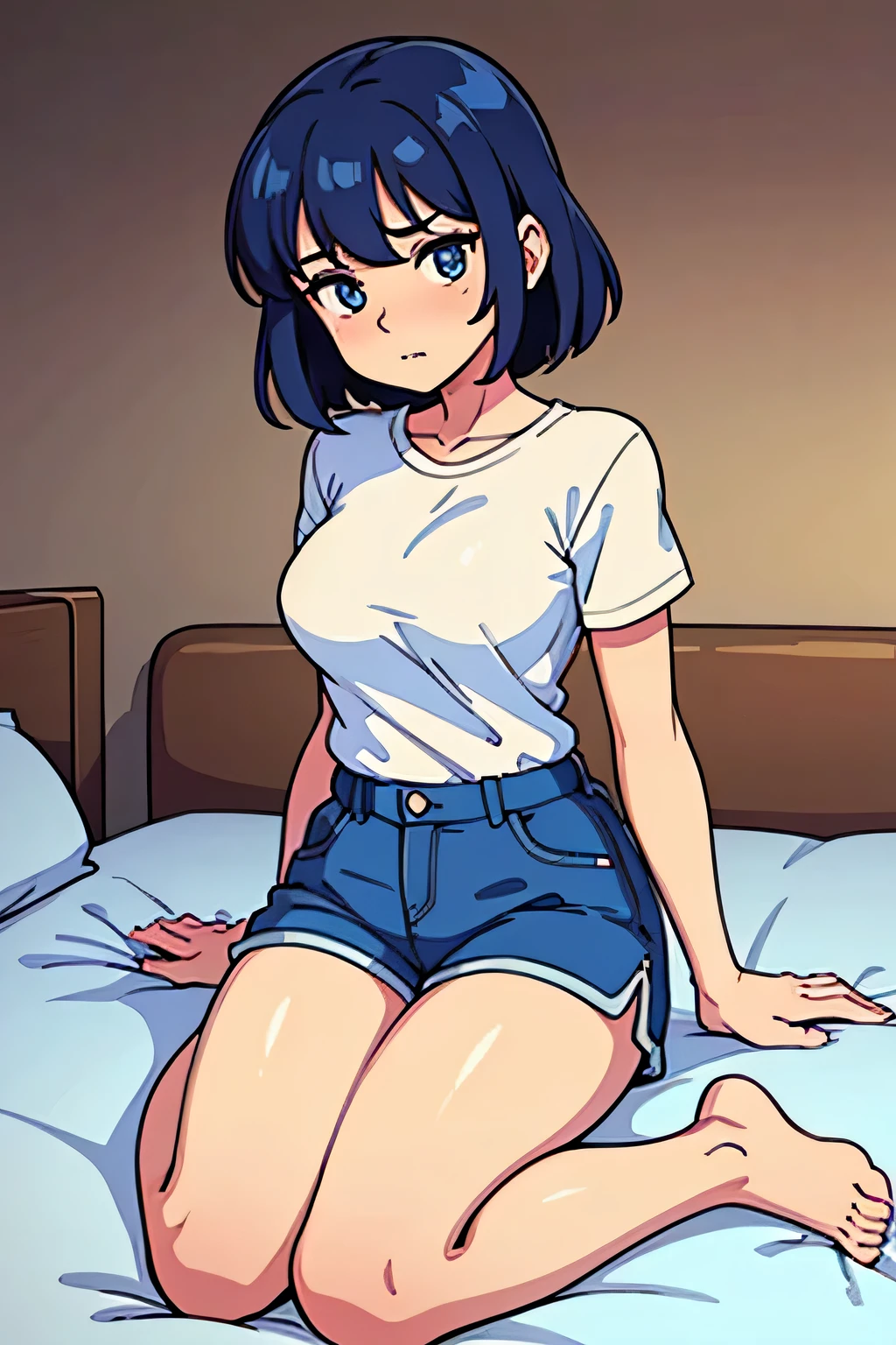 girl with short curly white t shirt blue shorts hair laying on bed full body feet 