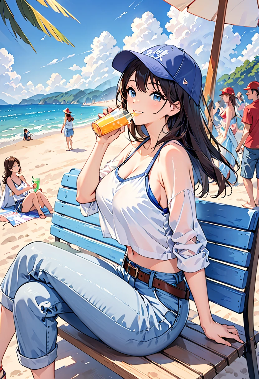 "Relaxed young woman smiling、Enjoying the sunny beach atmosphere。,Sitting on a blue bench、Drink in hand. She is wearing a blue bikini top and loose jeans with the belt removed.,Convey a laid-back atmosphere. In her head「C」A baseball cap with the word ",Enjoying the warmth of the sun and the gentle breeze. The surrounding area is crowded with other tourists and beach umbrellas.,Capturing the essence of a laid-back day at the beach.",Large Breasts,