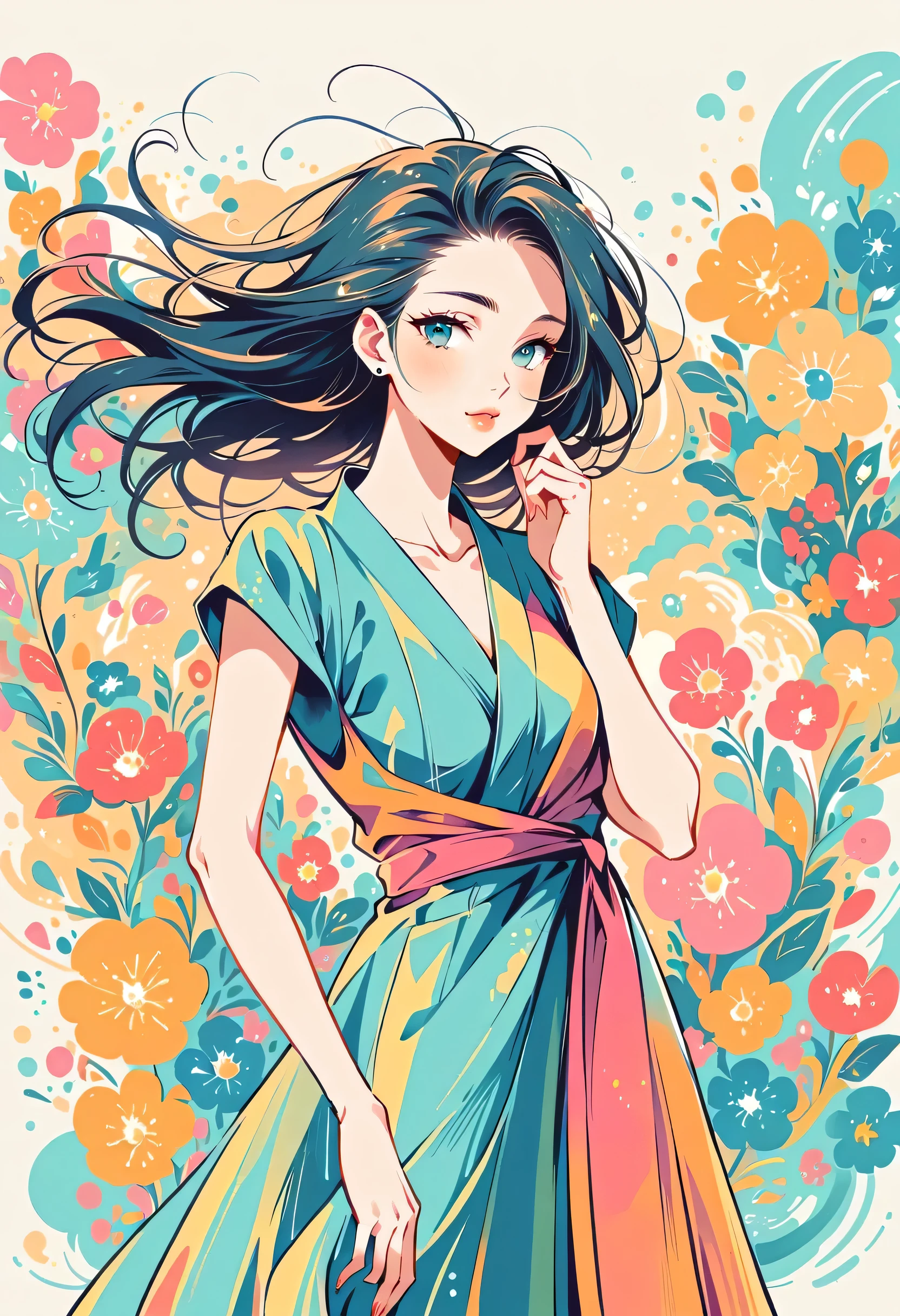 Watase Seizo style, Standing in front of a high wall,Simple Line Initialism,Abstract art,Urban Background, (((The most beautiful girl))), Lips in Love, colorful flowers