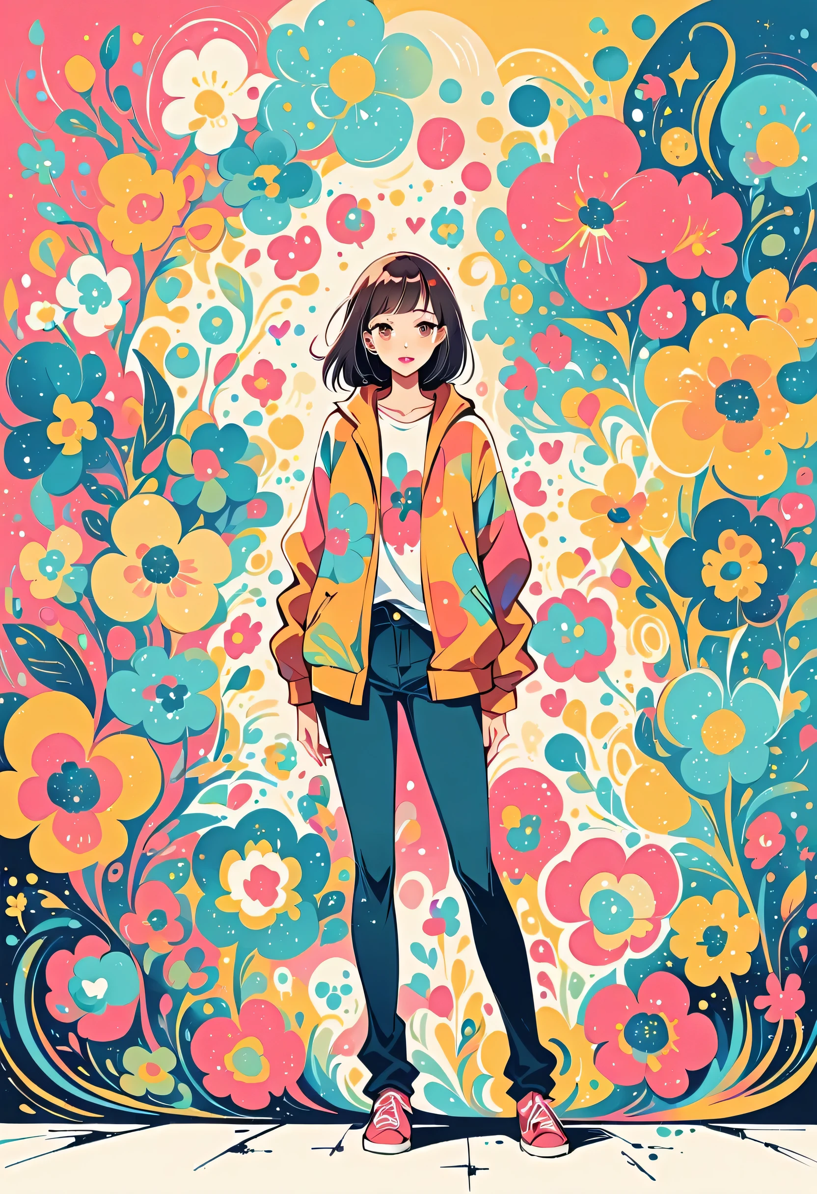Watase Seizo style, Standing in front of a high wall，Simple Line Initialism，Abstract art，Urban Background, (((The most beautiful girl))), Lips in Love, colorful flowers