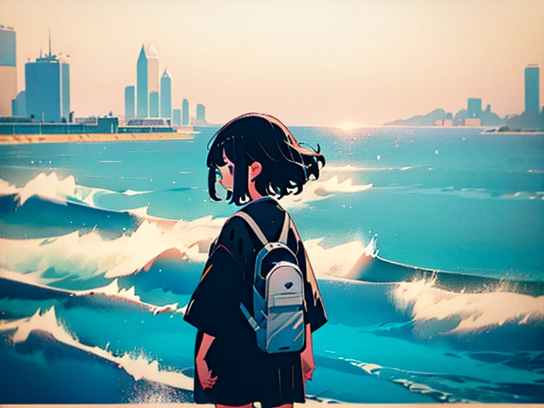 Girl Looking At The Sea。Back view