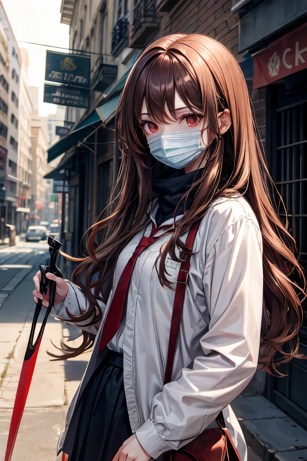 Brown wavy hair, red eyes, mask, girl, pale skin, holding scissors, deserted street background