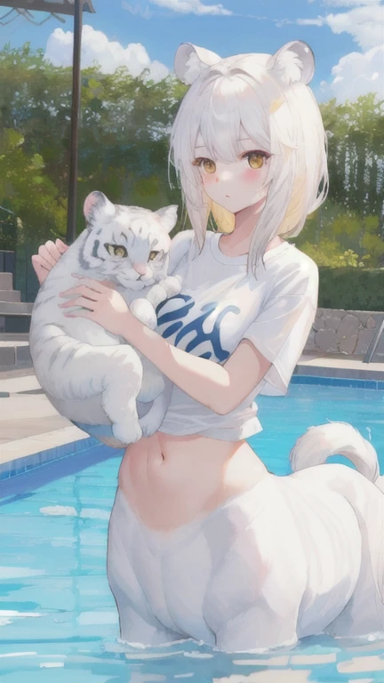 (best quality, masterpiece), 1 girl, centaur, It takes, swimming pool,belly button t-shirt, 아름다운 소녀 perfect white tiger photo, perfect white tiger photo