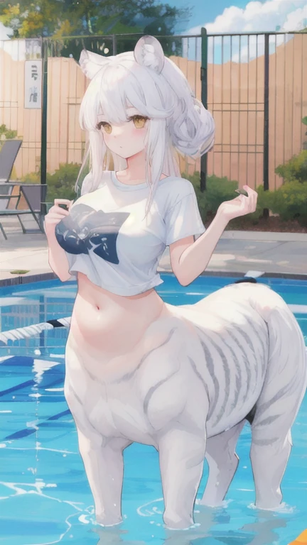 (best quality, masterpiece), 1 girl, centaur, It takes, swimming pool,belly button t-shirt, 아름다운 소녀 perfect white tiger photo, perfect white tiger photo