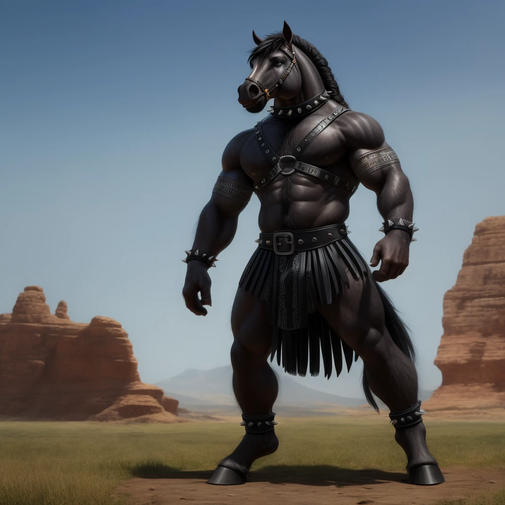 Furry, Antro, anthropomorphic, Solo, Horse, Equinene, loong horse tail, (furry Yellow Ocre), tribal tattoo arm, Male Bulge, Nose Ring, Conk, Ring Noise, Narigon, Noise Piercong, Piercing noise, Big Balls, Big Ass, Wearing a Black Leather Harness, Arnes Negro, Black bicep leather bracelet, Leather Buckle Armband, Gladiator Clothing, Leather fringe skirt, black leather warrior skirt, thread thong, Black Belt, Spiked Collar, Spiked Wristbands, (Leather Bicep Arm Strap), man pendant, Spiked Anklet, Hooves, Hairy, Full Body, Braided Mane, Hairy Torso, Seen Standing, Upright Standing Pose, Blue Pupil Eyes, High Resolution, 4K Detailed, Good Lighting, Beautiful, Blue Sky Background with Green Grass Meadow, black hair, photorealistic, Furry, Gladiator