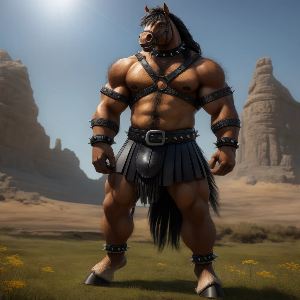 Furry, Antro, anthropomorphic, Solo, Horse, Equinene, loong horse tail, (furry Yellow Ocre), tribal tattoo arm, Male Bulge, Nose Ring, Conk, Ring Noise, Narigon, Noise Piercong, Piercing noise, Big , Big Ass, ring a Black Leather Harness, Arnes Negro, Bbicep leather bracelet, Leather Buckle Armband, Gladiator Clothing, Leather fringe skirt, black leather warrior skirt, thread thong, Black Belt, Spiked Collar, Spiked Wristbands, (Leather Bicep Arm Strap), man pendant, Spiked Anklet, Hooves, Hairy, Full Body, Braided Mane, Hairy Torso, Seen Standing, Upright Standing Pose, Blue Pupil Eyes, High Resolution, 4K Detailed, Good Lighting, Beautiful, Blue Sky Background with Green Grass Meadow, black hair, photorealistic, Furry, Gladiator