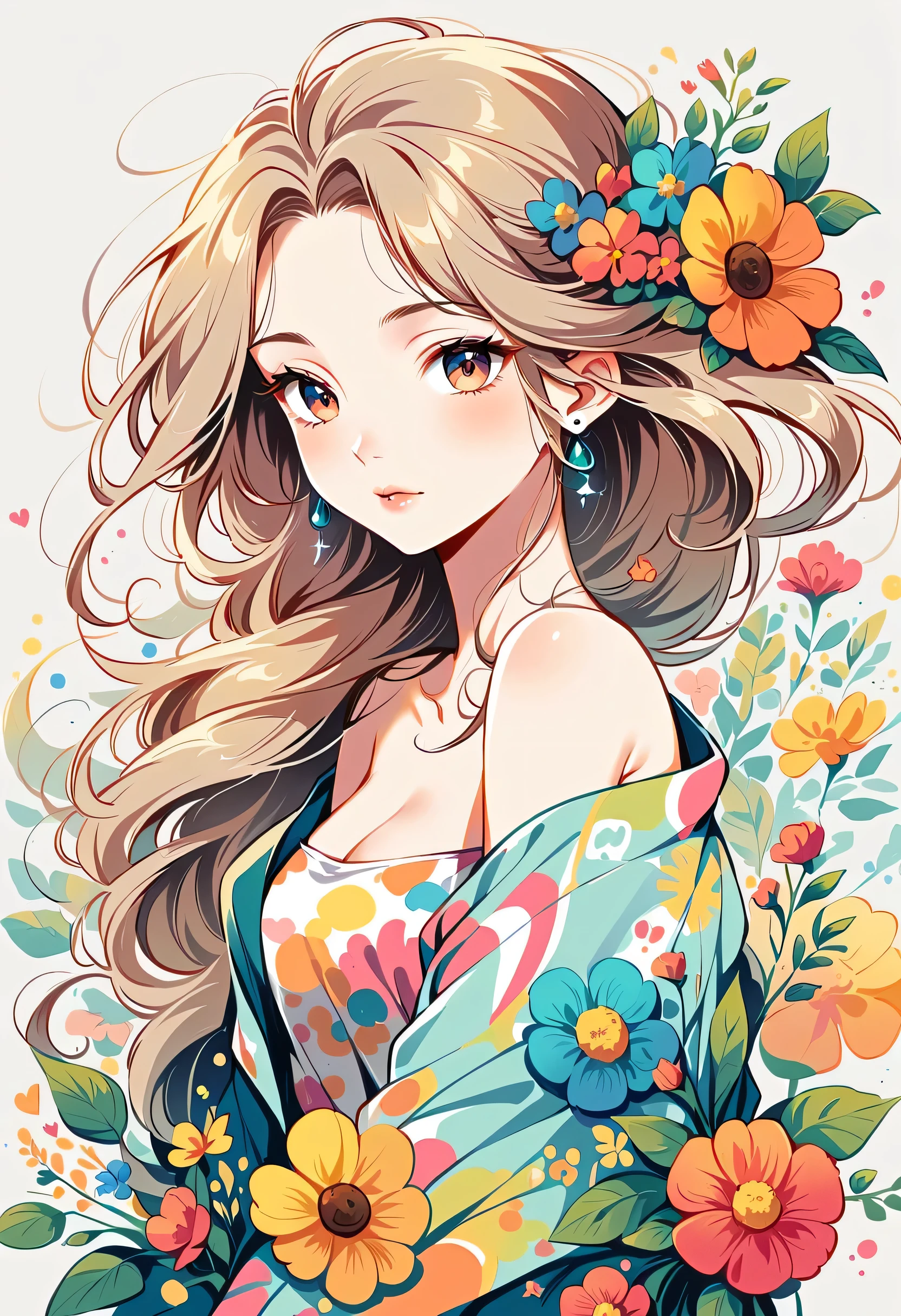 Yomu style, The most beautiful girl of all time,Lips in Love, colorful flowers, Simple Line Initialism,Abstract art,Urban Background, colorful flowers