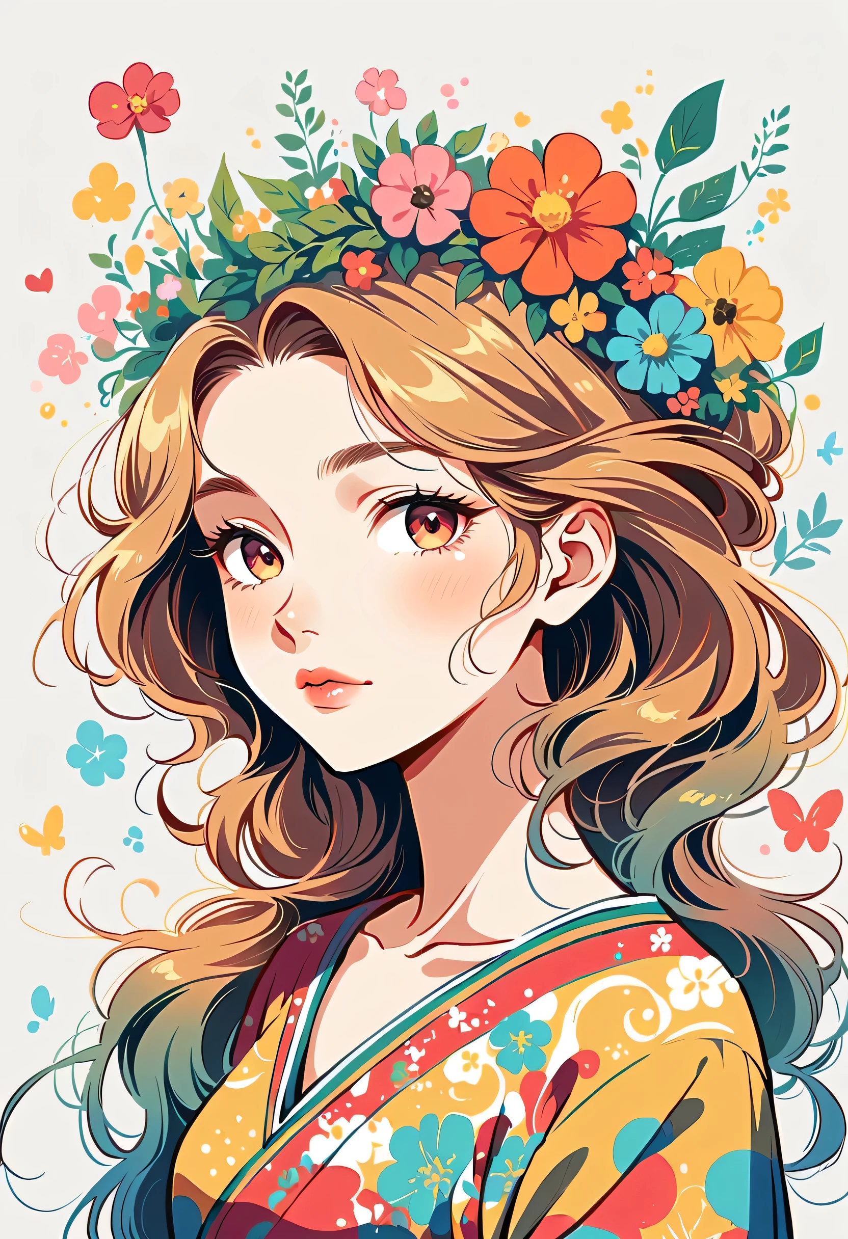 Yomu style, The most beautiful girl of all time,Lips in Love, colorful flowers, Simple Line Initialism,Abstract art,Urban Background, colorful flowers