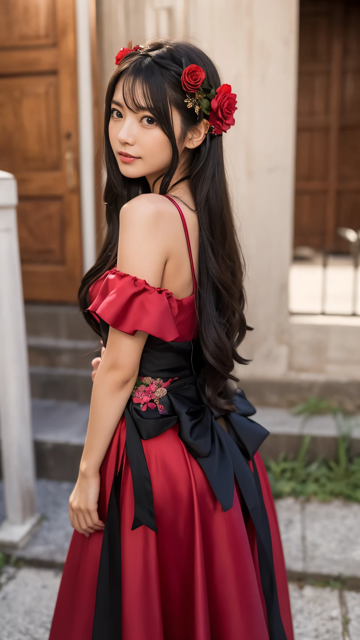 Anime girl in a red and black dress with a red flower in her hair, artwork in the style of Gweitz, Gweitz, Chinese Girl, Trending on cgstation, Cute anime waifu in a nice dress, Gweitz on pixiv artstation, palace ， Girl in Hanfu, Beautiful digital art, Gweitz on artstation pixiv