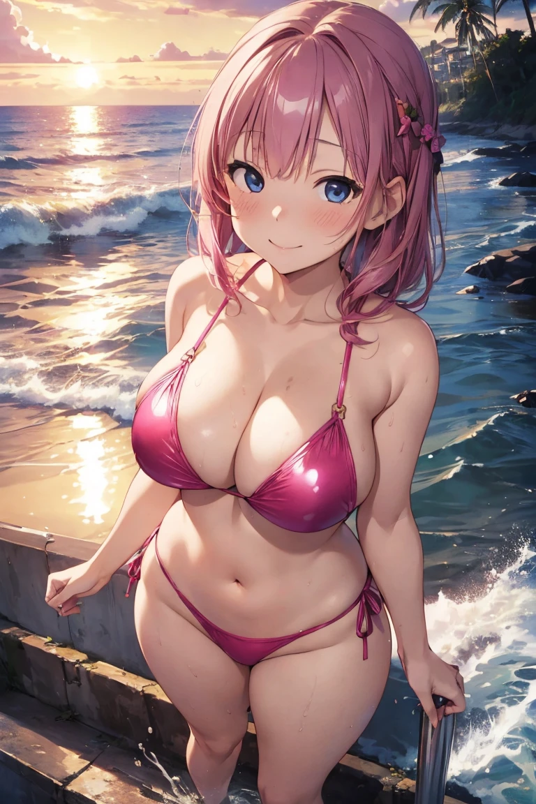 ((masterpiece)),(highest quality),(((Full Body Shot))),Realistic, beautiful japanese gal photos, 21yo, Upper Shot, Big Breasts, Cleavage, Wear something shiny (Pink Bikini), Big, reflective blue eyes, Shiny pink hair, just smile, Sunset Beach, Ocean, Splashed water,