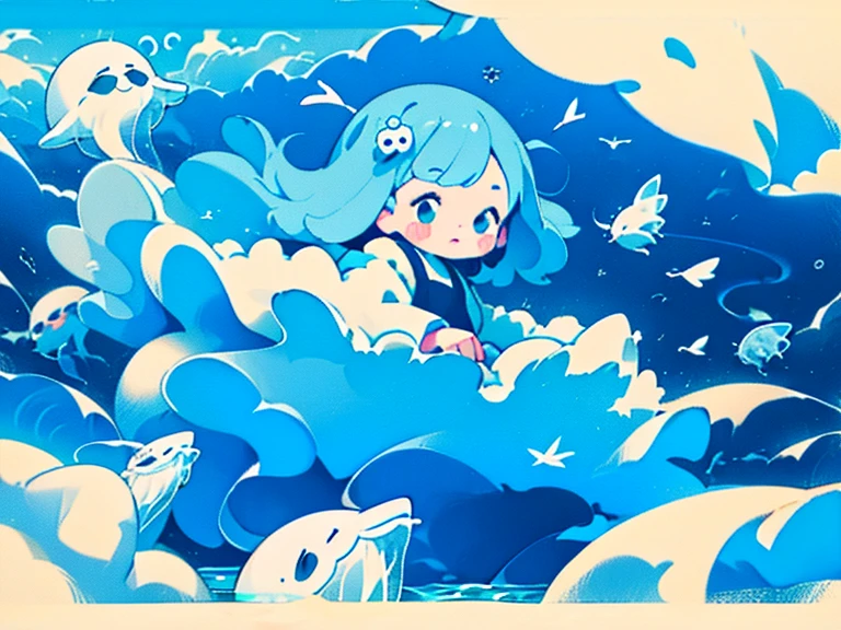 In the sea、Girl floating with jellyfish。fluffy。The overall color is light blue