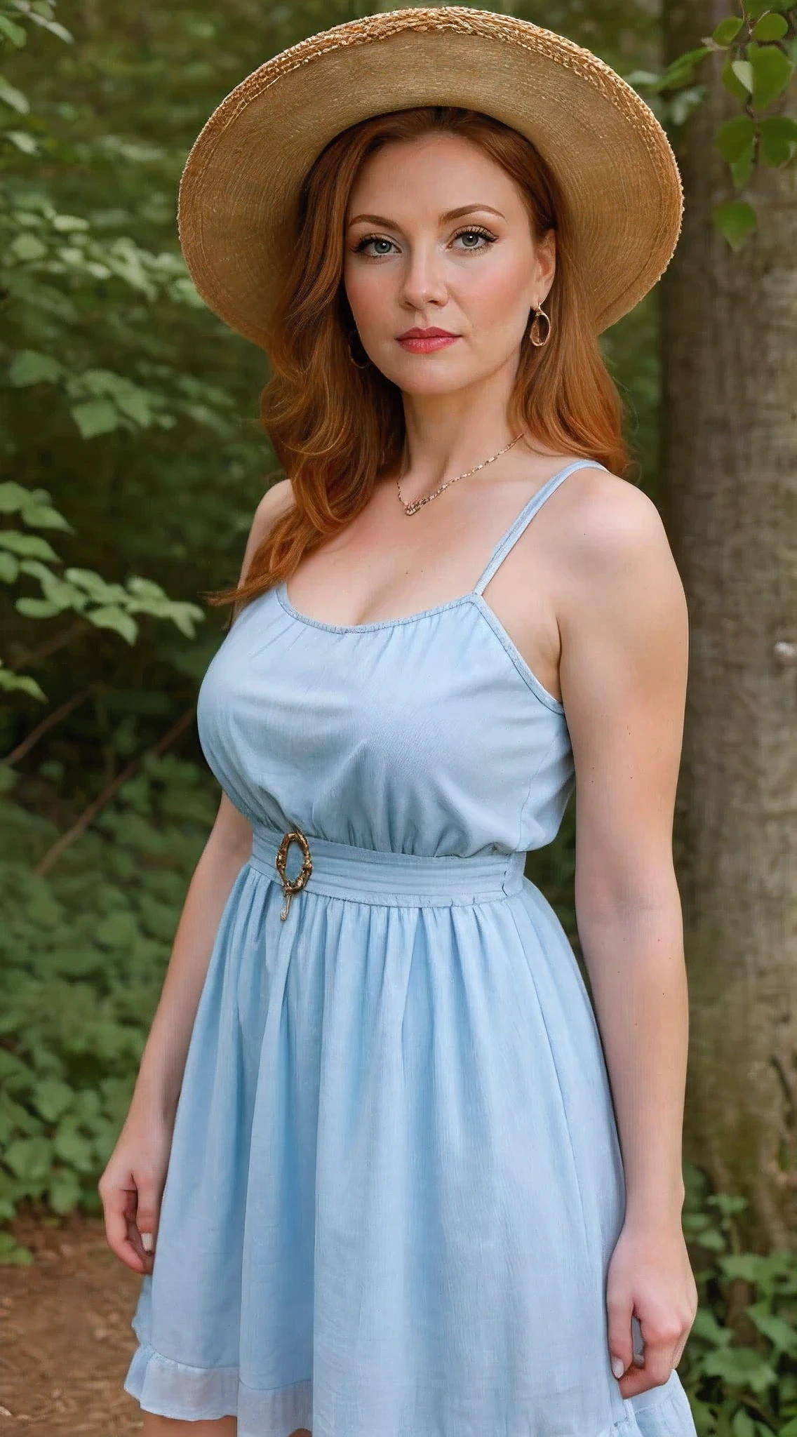 top quality, best quality, High-quality illustrations, masterpiece, super high resolution, detailed background, portrait, female, 43 years old woman, beautiful female, ginger, mature, nearly visible facial wrinkles, theater lighting: 0.7, high res, depth of field, detailed background,a woman in a wide-brimmed hat stands in a clearing with flowers, she is wearing a beautiful sundress, flowers grow in the clearing