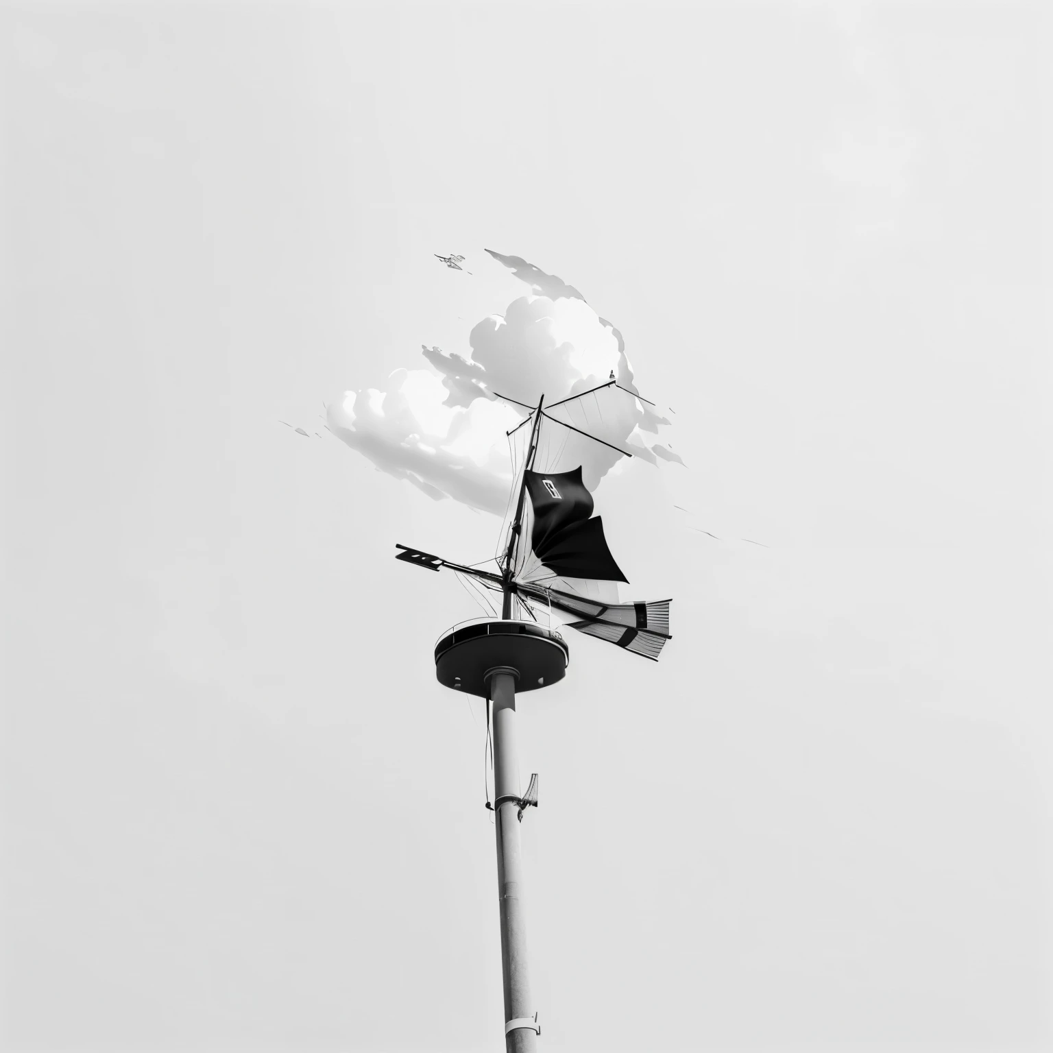 there is a Black and white photo of a wind vane, Grayscale photography, gale, Windy weather, windy mood, Shot on Sony a 7, Minimalist photos, Wind Blow, Low Angle Photo, Black and white photo.ISO200, Black and white photo, gale天, Low Angle Photograph, Shot with iPhone 1 0,Sky with clouds
