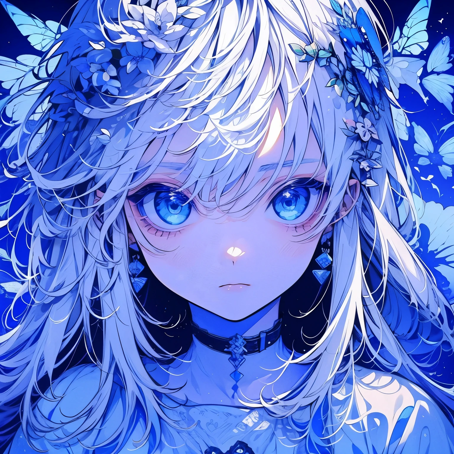 、Many white eyes Light blue hair。man