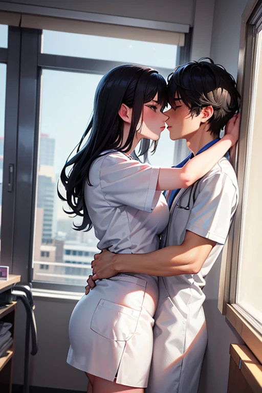 8K, highest quality, masterpiece, Ultra-high resolution, Hospital room, ((One male)), doctor, White, (Deep Kiss), (Embrace each other), (One female), Nurse uniform, Black Hair