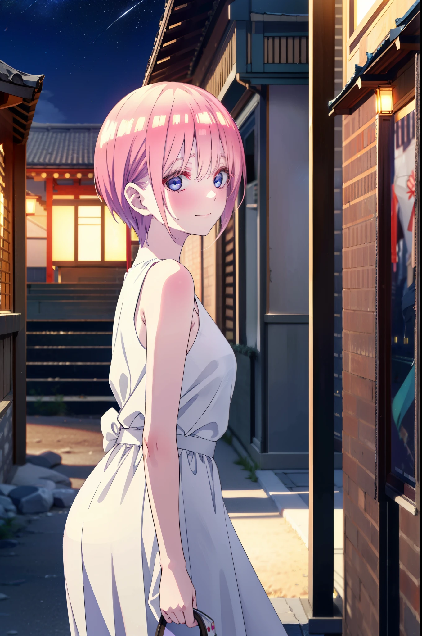 ichikanakano, ichika nakano, short hair, bangs, blue eyes, Hair between the eyes, Pink Hair,smile,Sleeveless white dress,Bare arms,White long skirt,Cute heeled sandals,whole bodyがイラストに入るように,Looking down from above,walk,moonlight,night,ロマンチックなnight景,Starry Sky,shooting star,Looking up from below,stone stageに座っている,
break outdoors, shrine,stone stage,Building district,
break looking at viewer, whole body,
break (masterpiece:1.2), highest quality, High resolution, unity 8k wallpaper, (shape:0.8), (Beautiful details:1.6), Highly detailed face, Perfect lighting, Highly detailed CG, (Perfect hands, Perfect Anatomy),