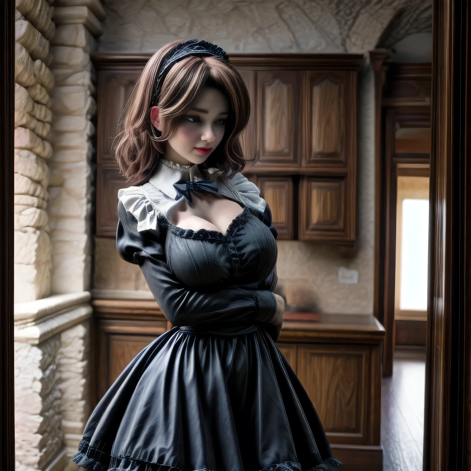 milf wearing Maid Outfit, breast, standing,