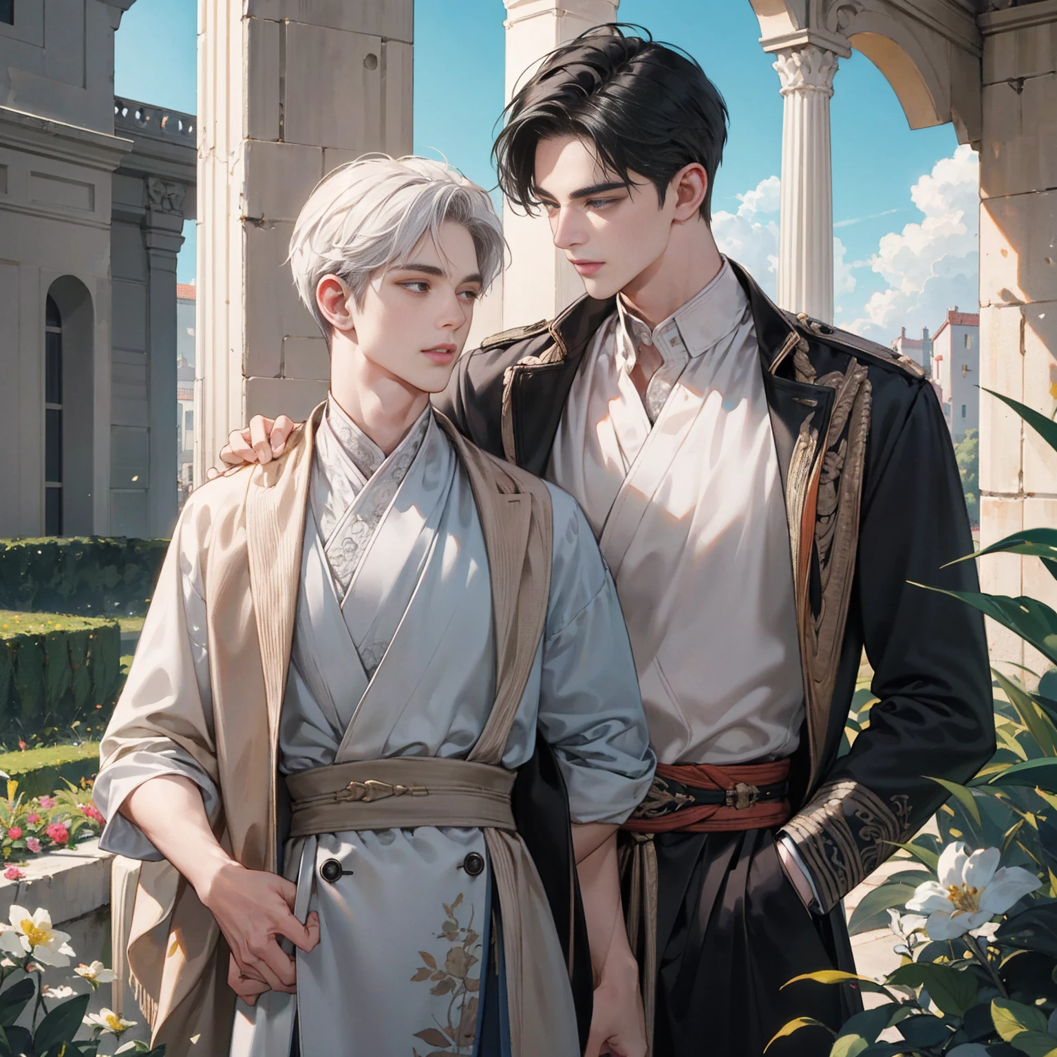 best quality,4k,8k,highres,masterpiece:1.2,ultra-detailed,realistic:1.37,constantine the great and his son crispus,beautiful detailed eyes,beautiful detailed lips,extremely detailed eyes and face,longeyelashes,Constantine the Great and his son Crispus in a garden,illustration,oil painting,3D rendering,photography,masterpiece,peaceful and sunny atmosphere,vibrant colors,gentle lighting,Constantine and Crispus repairing their relationship in modern times,Croatian city of Pula in the background,happy and harmonious relationship,blue sky,serene atmosphere