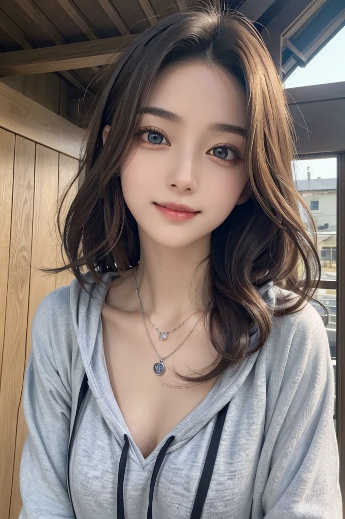 (Surreal) , (Like the picture:1.4),(Increase the resolution), (8k), (Very detailed), (Beautiful and fine details), (highest quality), (Ultra-detailed), (masterpiece), (wallpaper), (Detailed face), solo,girl1, perfect beautiful japanese woman:1.4、Looking at the audience, Subtle details, Detailed face, Cloudy, Deep Shadow, A gentle smile,Short hair silver color mesh,My hair is messy,Looking up,masterpiece, highest quality, 8k, Upper Body, Dabo Dabo hoodie:1.4, break, 18-year-old, Anna_girl, Wavy Hair, View Viewer, smile, Ultra-realistic photos, Sharp focus, Face Light, Dynamic Lighting, break, Real Skin, Symmetrical clear eyes,, Sharp pupils, Realistic students,The background is light,Camera angle: low angle,Various poses,necklace,Pin on right ear,Attractive face, Medium chest, bracelet