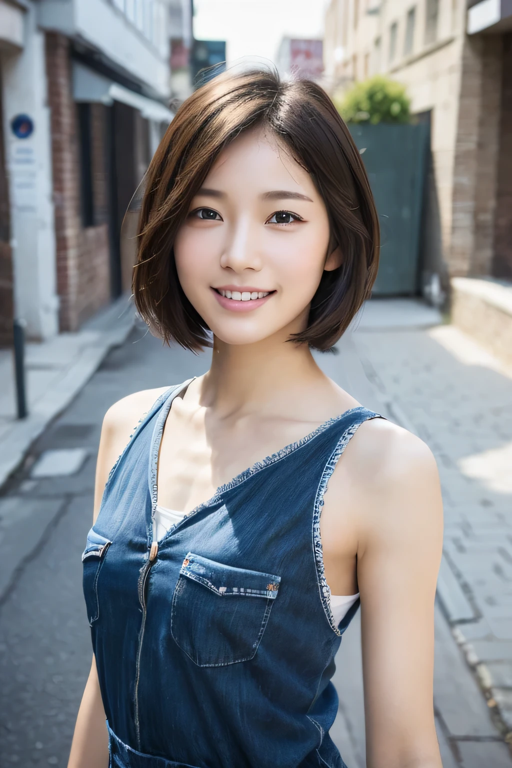 beautiful woman with perfect figure, very detailed face and skin texture, smile face, detailed eyes, short hair, little messy hair, , standing on the empty street, high resolution, photorealistic