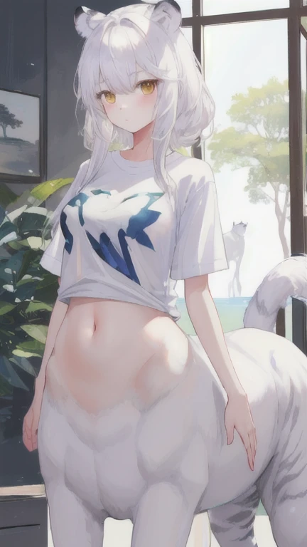 (best quality, masterpiece), 1 girl, centaur, It takes, dressed,belly button t-shirt, 아름다운 소녀 perfect white tiger photo, perfect white tiger photo