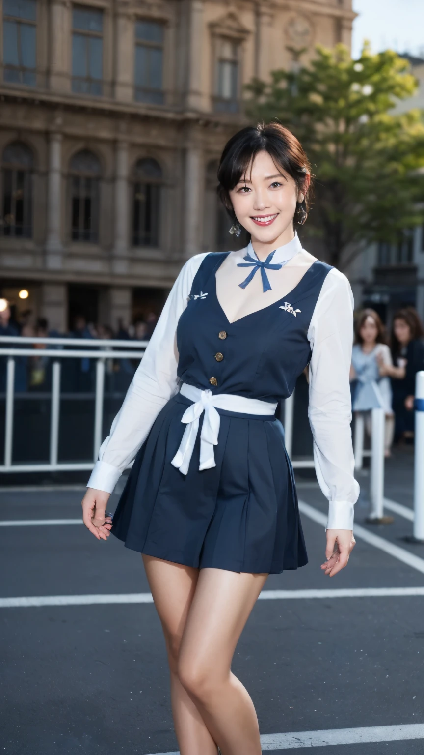 最high quality, In 8K, Masseter region, Vibrant, Sharp focus, high quality, High resolution, Detailed face, fine grain, Red lips, (Observe the audience), alone, Beautiful woman, 38 years old, (Very short black hair:1.3)、(Bob Hair)、(Standard body type)、(D cup breasts)、 Cleavage, , Bright afternoon、(Full body photo)、(Italy、Milan、The square in front of the church:1.5),(Standing in the square:1.5)、(Mitsubishi Bank uniform:1.8), (She is wearing a dark blue vest over a white blouse:1.5), The vest has three gold buttons, ((He is red, A blue and white ribbon around his neck.:1.6))、(Knee-length dark blue skirt)、(Black pumps:1.5)、(Red lipstick:1)、(Smiling with teeth showing:1.6)、