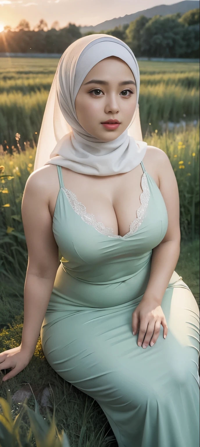 ( Close Up),RAW, Best quality, high resolution, works: 1.3), Beautiful Malay woman in hijab, Masterpiece, fit body, big breasts, beautiful big eyes, Soft smile, beautiful face, woman sitting at a table in a green meadow, traditional beauty, moment sunset, in the field, in the countryside, beautiful woman, with the sunset, wearing a soft long dress, muslim,, hijab, beautiful woman, with a beautiful appearance, a very beautiful masterpiece, a masterpiece of art, good lighting, Bright colors, Clean lines, chubby body, wide chubby hips, chubby arm, chubby massive thighs , massive cleavage , massive armpits , white armpits , armpit hair , extra cleavage, full body 