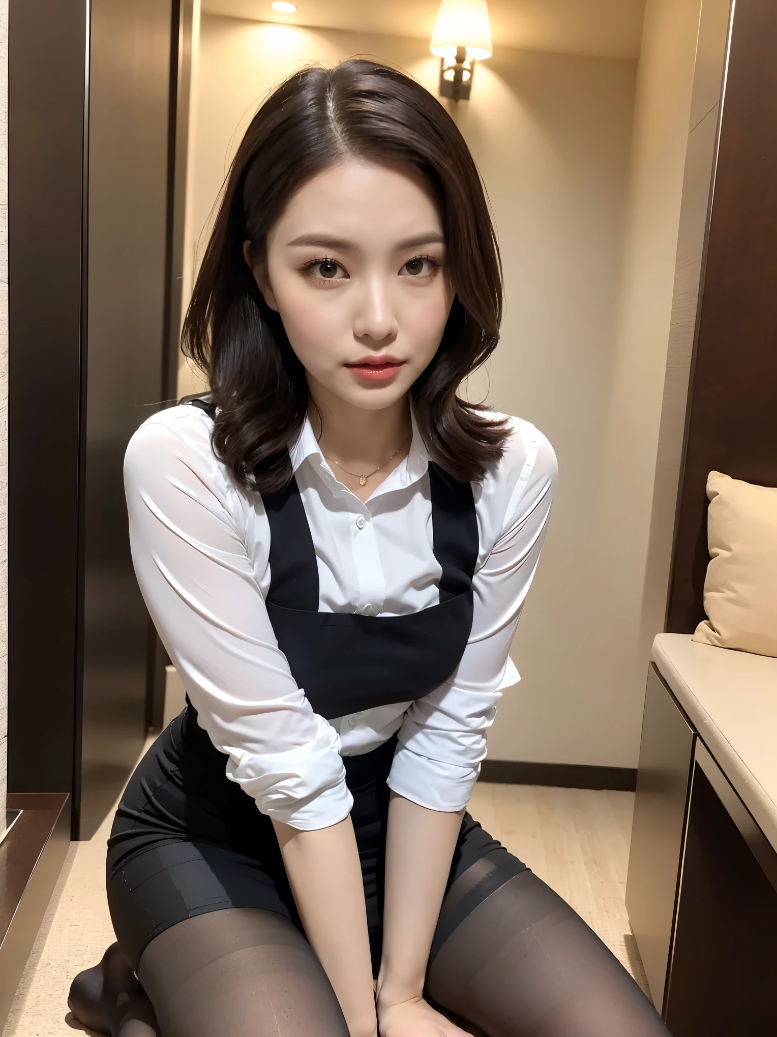 highest quality, masterpiece, High resolution, One girl, Japanese maid, Mature Woman, ((Slightly thicker, Round face, About 40)), Rimless round glasses, Wavy black hair with no bangs, Long Hair, Twin ponytail, Flashy makeup, Lips become thicker, Sexy Gaze, Hotel Concierge、uniform, Pencil Skirt、(Ultra-realistic pantyhose:1.3), ((dressing)), Looking into the camera, Low angle shooting, Cute duck mouth,((Extremely precise and accurate anatomy)), (masterpiece:1.43), Perfect balance, Realistic photos, Full Shot, whole body, (height: 148cm), High heels, (Random Porn Poses), Natural Skin Shader, Volumetric, Warm shades beneath her skin,