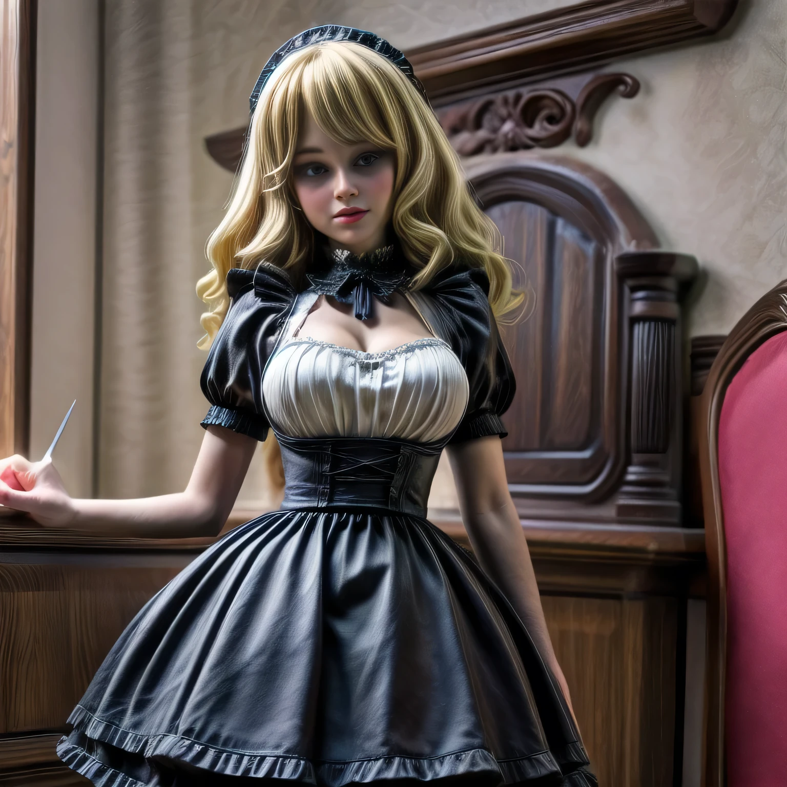 milf wearing Maid Outfit, standing, blonde