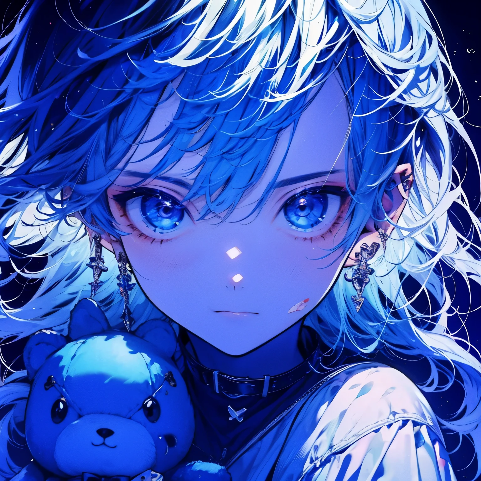 Boy with light blue hair、White areas with many eyes Light blue hair。man