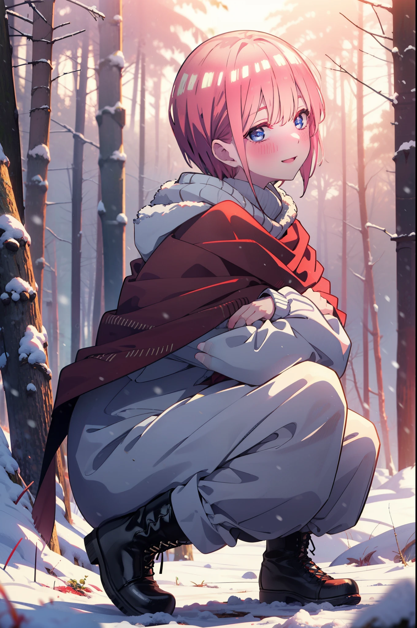 ichikanakano, ichika nakano, short hair, bangs, blue eyes, Hair between the eyes, smile,Pink Hair,smile,blush,White Breath,
Open your mouth,snow,Ground bonfire, Outdoor, boots, snowing, From the side, wood, suitcase, Cape, Blurred, Increase your meals, forest, White handbag, nature,  Squat, Mouth closed, フードed Cape, winter, Written boundary depth, Black shoes, red Cape break looking at viewer, Upper Body, whole body, break Outdoor, forest, nature, break (masterpiece:1.2), highest quality, High resolution, unity 8k wallpaper, (shape:0.8), (Beautiful and beautiful eyes:1.6), Highly detailed face, Perfect lighting, Highly detailed CG, (Perfect hands, Perfect Anatomy),