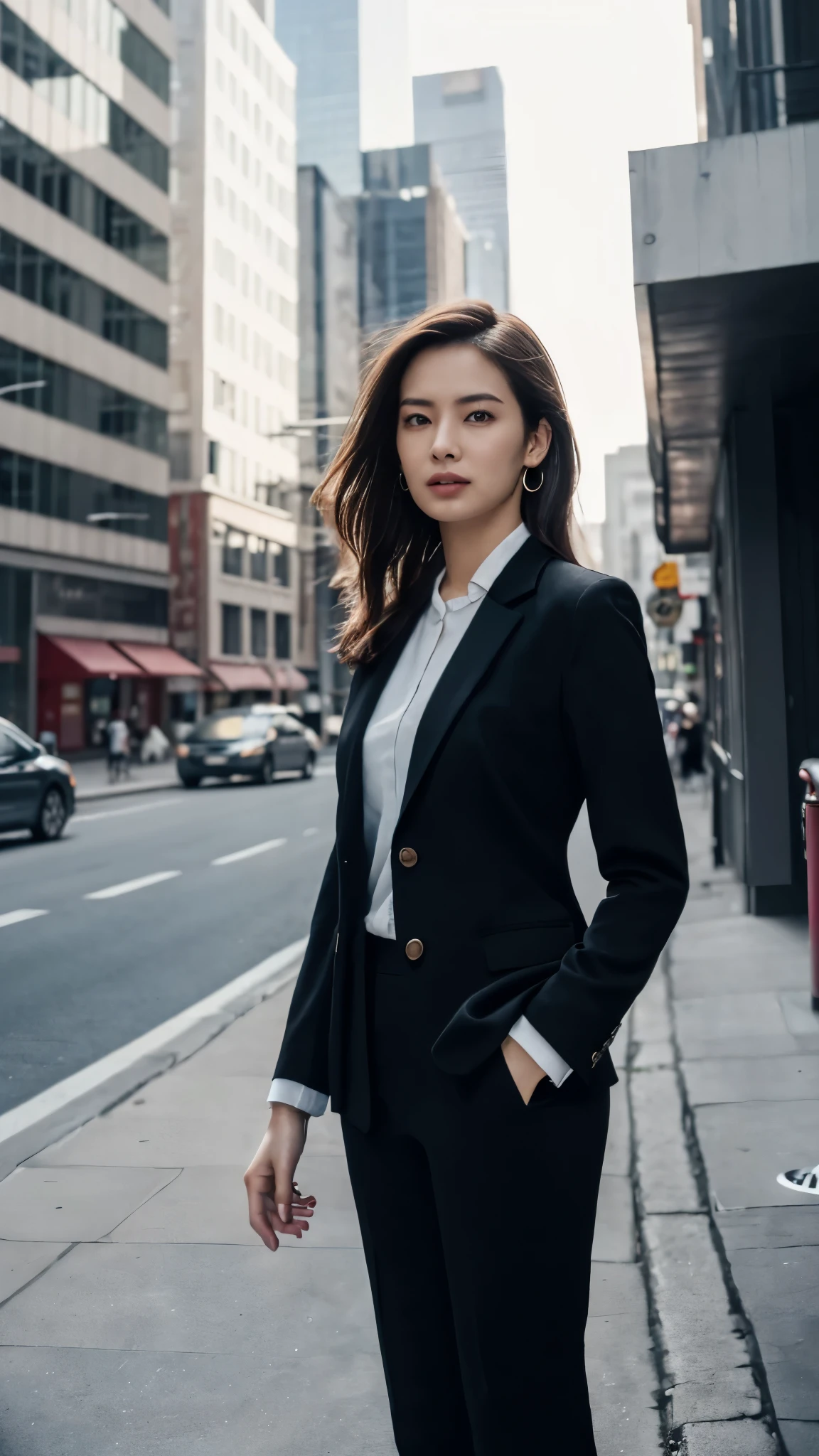 (8k, RAW Photos, highest quality, masterpiece: 1.2), (Realistic, photoRealistic: 1.37), 1 Woman in a suit standing on the sidewalk, Cityscape, Day, Sunny Morning, Professional Lighting, Photon Mapping, Radio City, Brazilian Women, Torn, shirt, Woman in a suit, Silk Suit