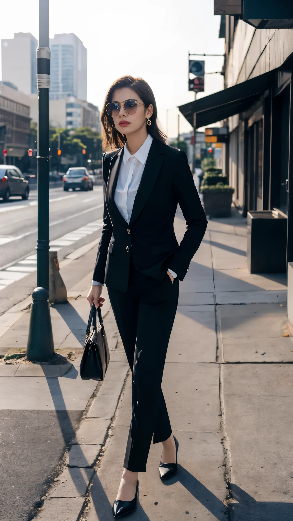 (8k, RAW Photos, highest quality, masterpiece: 1.2), (Realistic, photoRealistic: 1.37), 1 Woman in a suit standing on the sidewalk, Cityscape, Day, Sunny Morning, Professional Lighting, Photon Mapping, Radio City, Brazilian Women, Torn, shirt, Woman in a suit, Silk Suit