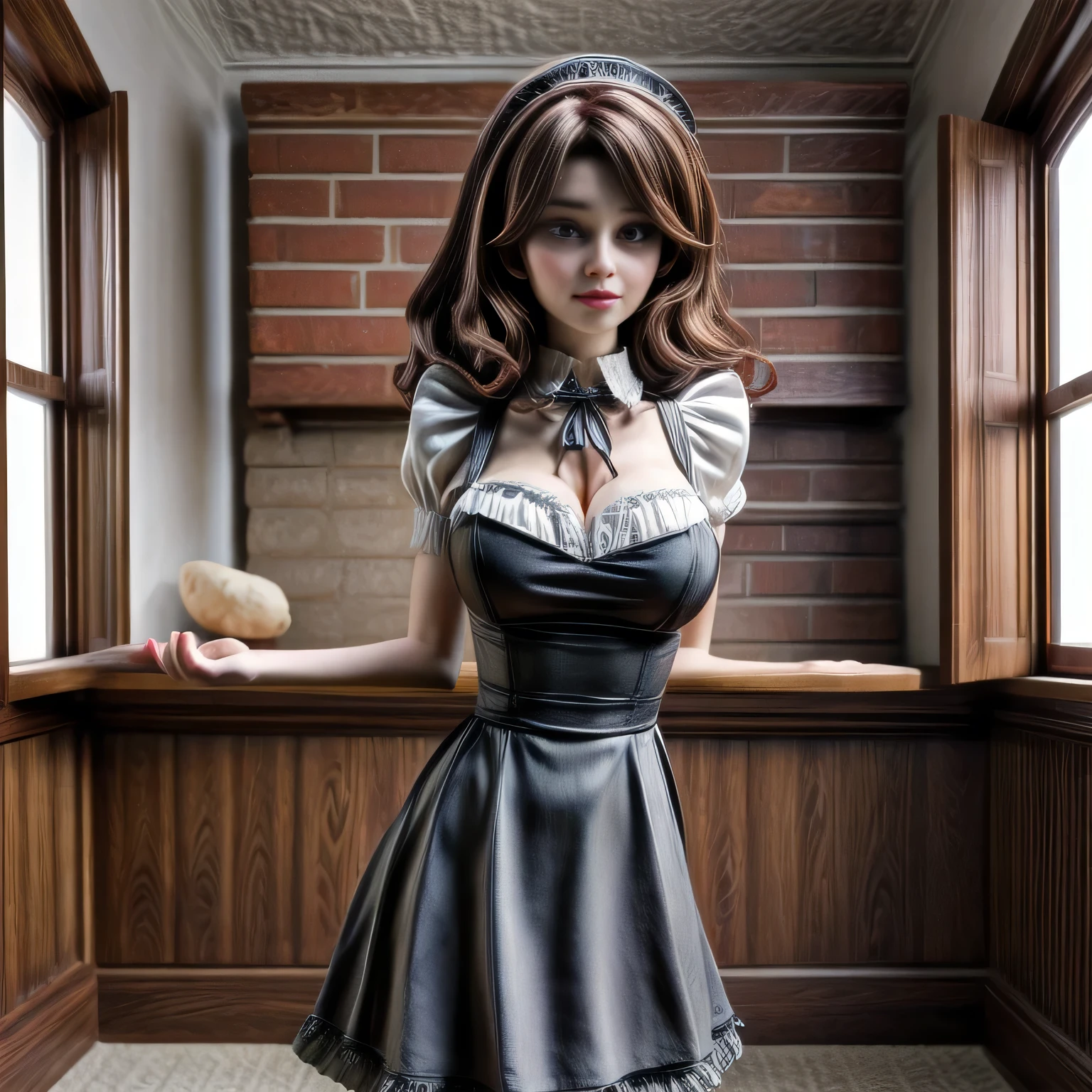 milf wearing Maid Outfit, standing, brown hair